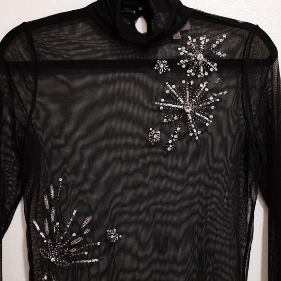 Cinq a Sept Shooting Star Mesh Turtleneck Top Black Embellished Sparkly NYE SZ M - Picture 6 of 9